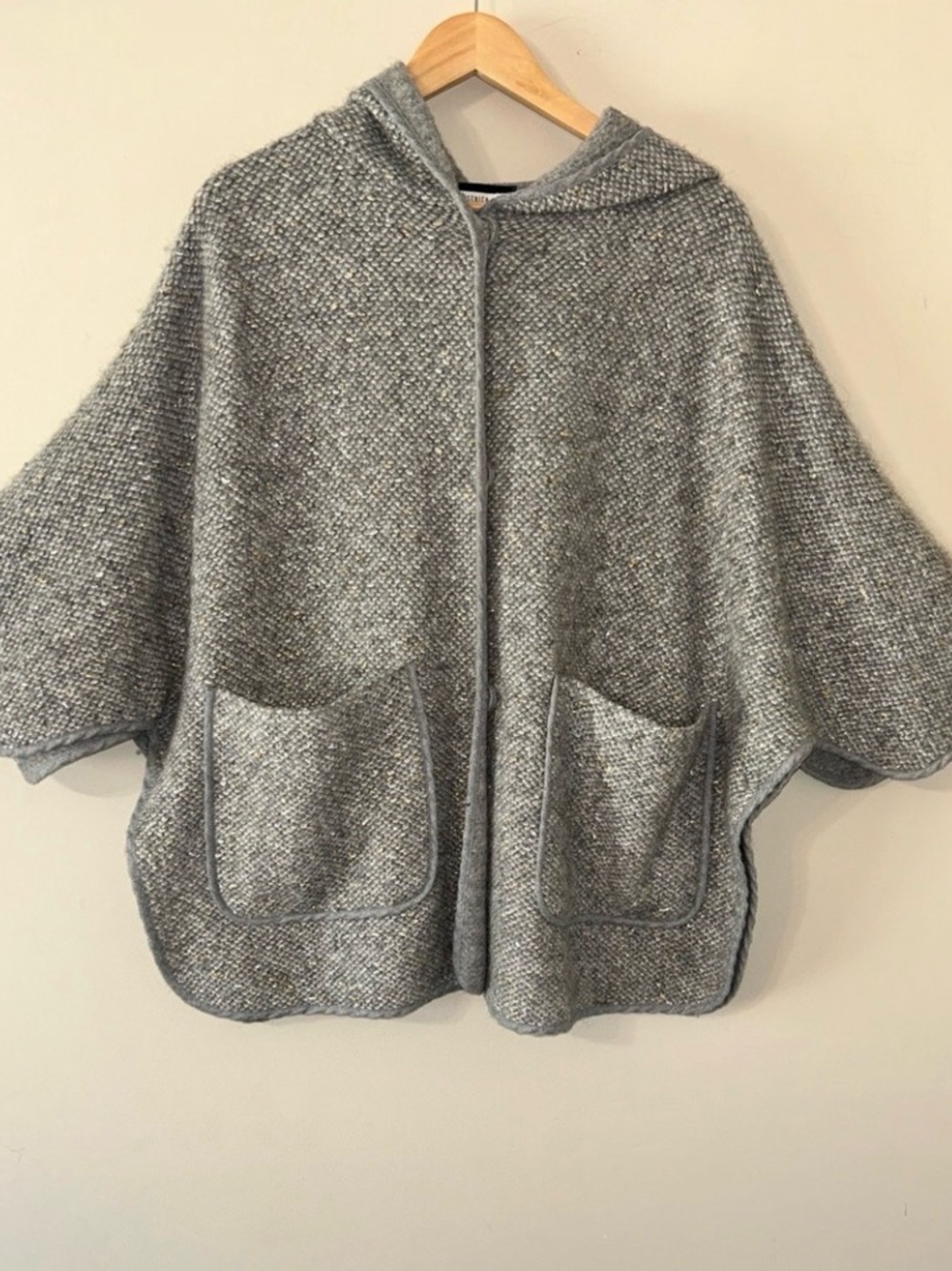 Peserico Kimono Sweater Cardigan XXL Wool Alpaca Blend Gray Gold Hooded Cape
